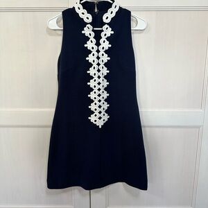 Navy Dress with White Floral Trim